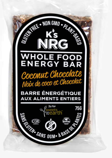 Sweets from the Earth K's NRG Bars Coconut Chocolate - 4 Month Shelf Life (Non-GMO, Gluten Free, Kosher, Vegan, Toronto Company) (12-60 g (Individually Wrapped)) (jit) - Pantree