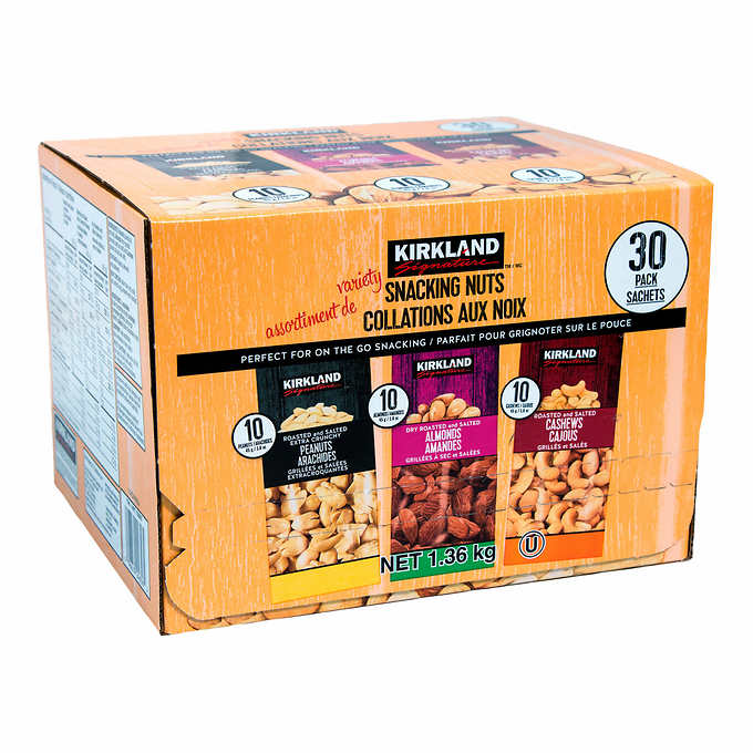 Kirkland Signature Snacking Nuts Variety Pack, 30-count (30 packs (10 Roasted Salted Peanuts, 10 Dry Roasted salted Almonds, 10 Dry Roasted Salted Cashews)) - Pantree