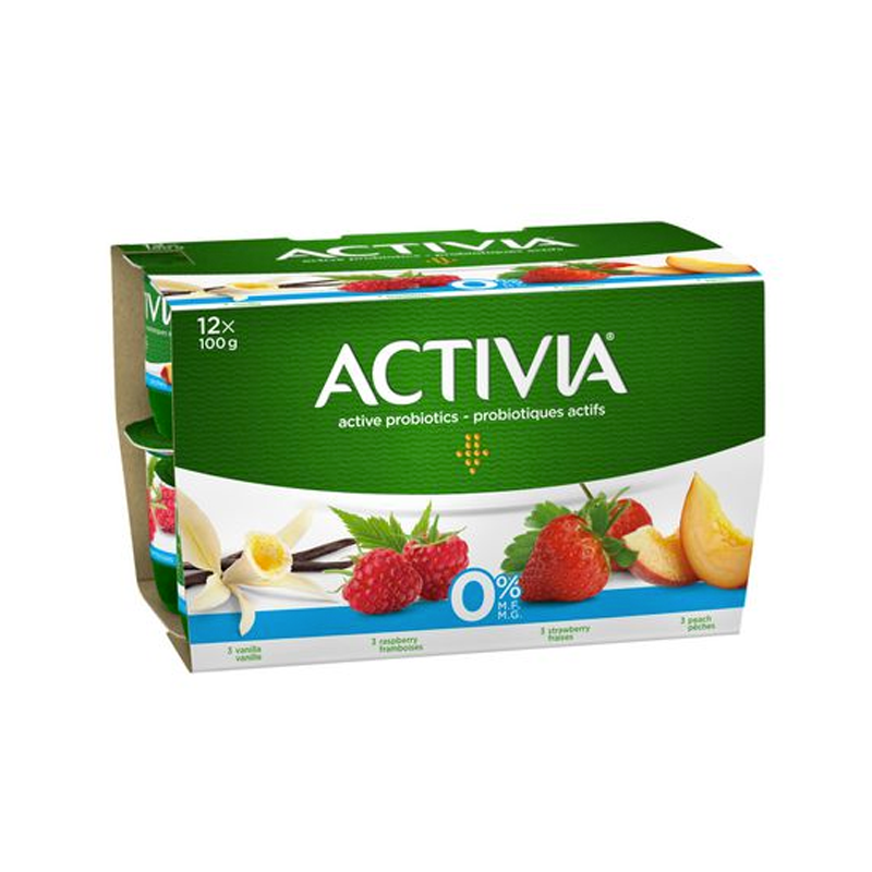 Danone Activia Fat Free Strawberry Raspberry Vanilla Peach Yogurt (4-12 pk (100 g)) (jit) - Pantree