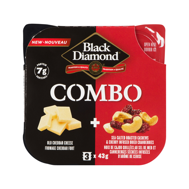 Black Diamond Combo - (85931) Old White Cheddar Cheese, Sea-Salt Roasted Cashews & Cherry-Infused Dried Cranberries (12x43g) - Pantree