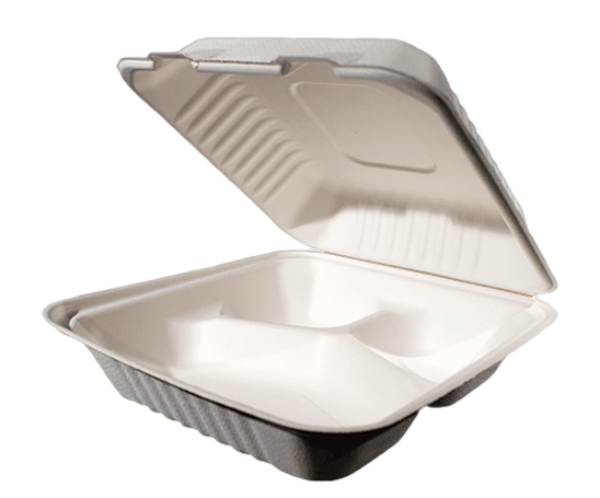 Bagasse 8"x8"x3" - 3 Compartments (200 Per Carton)(JIT) - Pantree